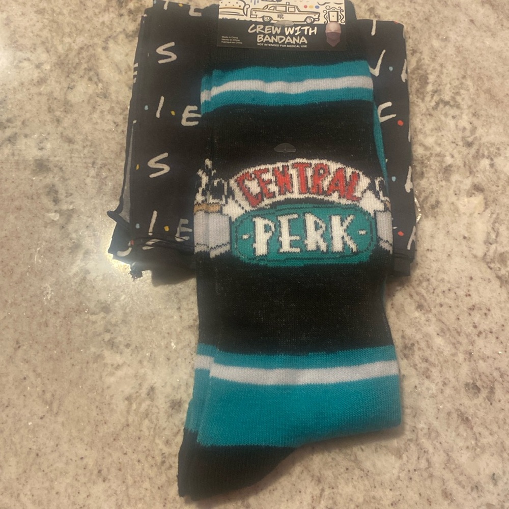 NWT Friends Central Perk socks & bandana. Use bandana for you or your pet.Unisex